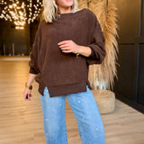 Tiered Sleeve Boat Neck Exposed Seam Knit Top  In Dark Brown