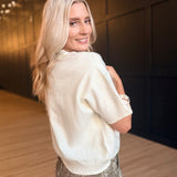 Lightweight Exposed Seam Short Sleeve Crop Sweater In Ivory