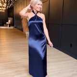 Knot Halter Neck Satin Midi Dress In Navy