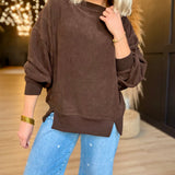 Tiered Sleeve Boat Neck Exposed Seam Knit Top  In Dark Brown