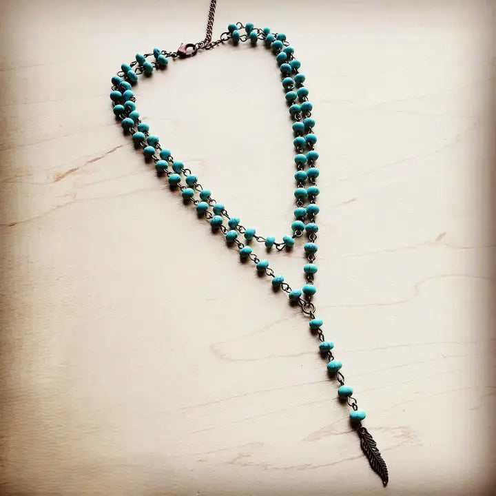 Double Strand Lariat Blue Turquoise Necklace w/ Copper Feather - Infinity Raine
