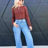 Round Neck Wavy Crop Sweater With Long Sleeve In Brown