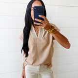 Crochet Lace Accent Pullover Rolled Blouse In Parchment