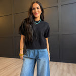 Lightweight Exposed Seam Short Sleeve Crop Sweater In Black - Infinity Raine