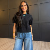Lightweight Exposed Seam Short Sleeve Crop Sweater In Black - Infinity Raine