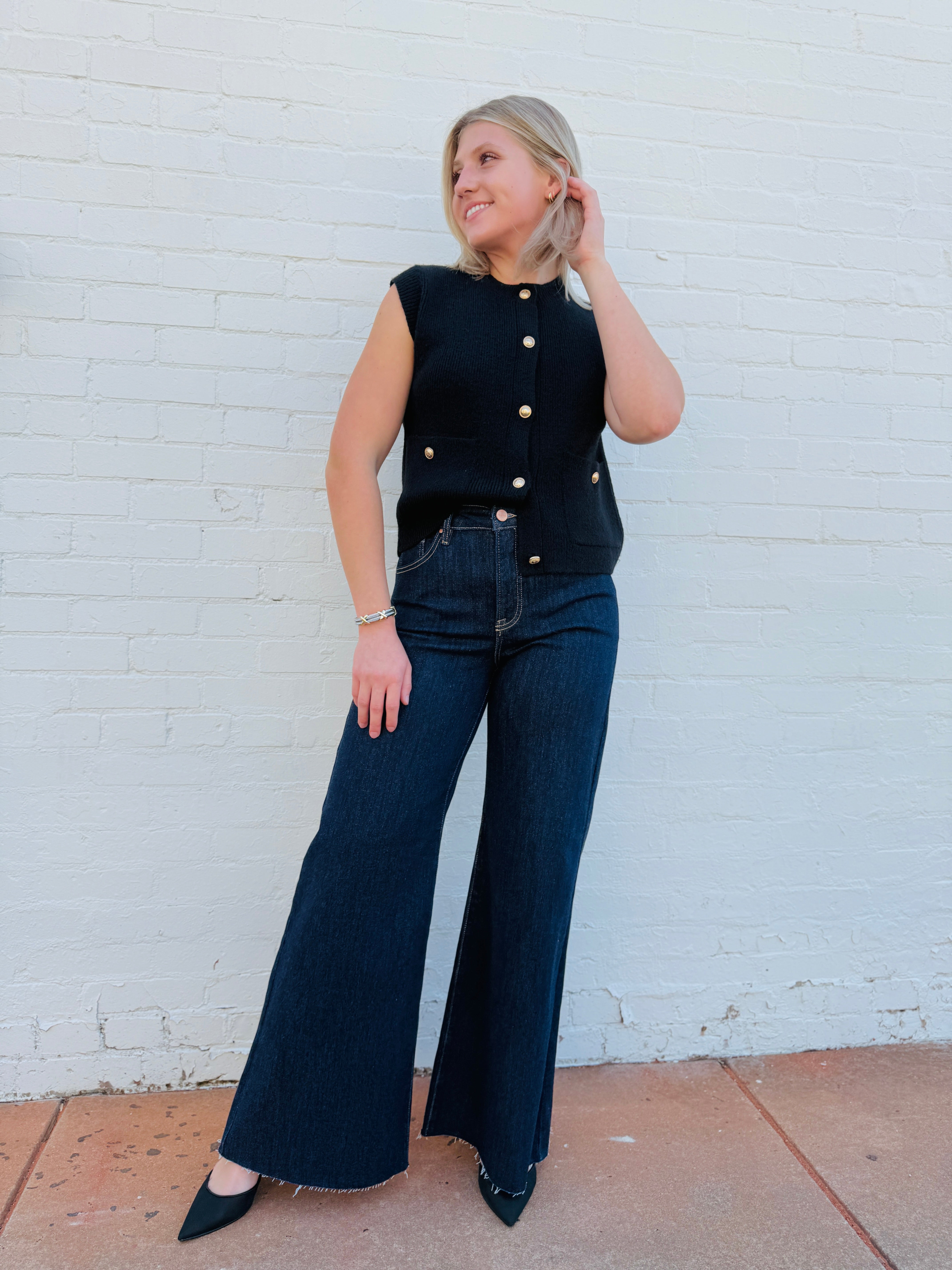 Gold Button Pocket Vest In Black - Infinity Raine