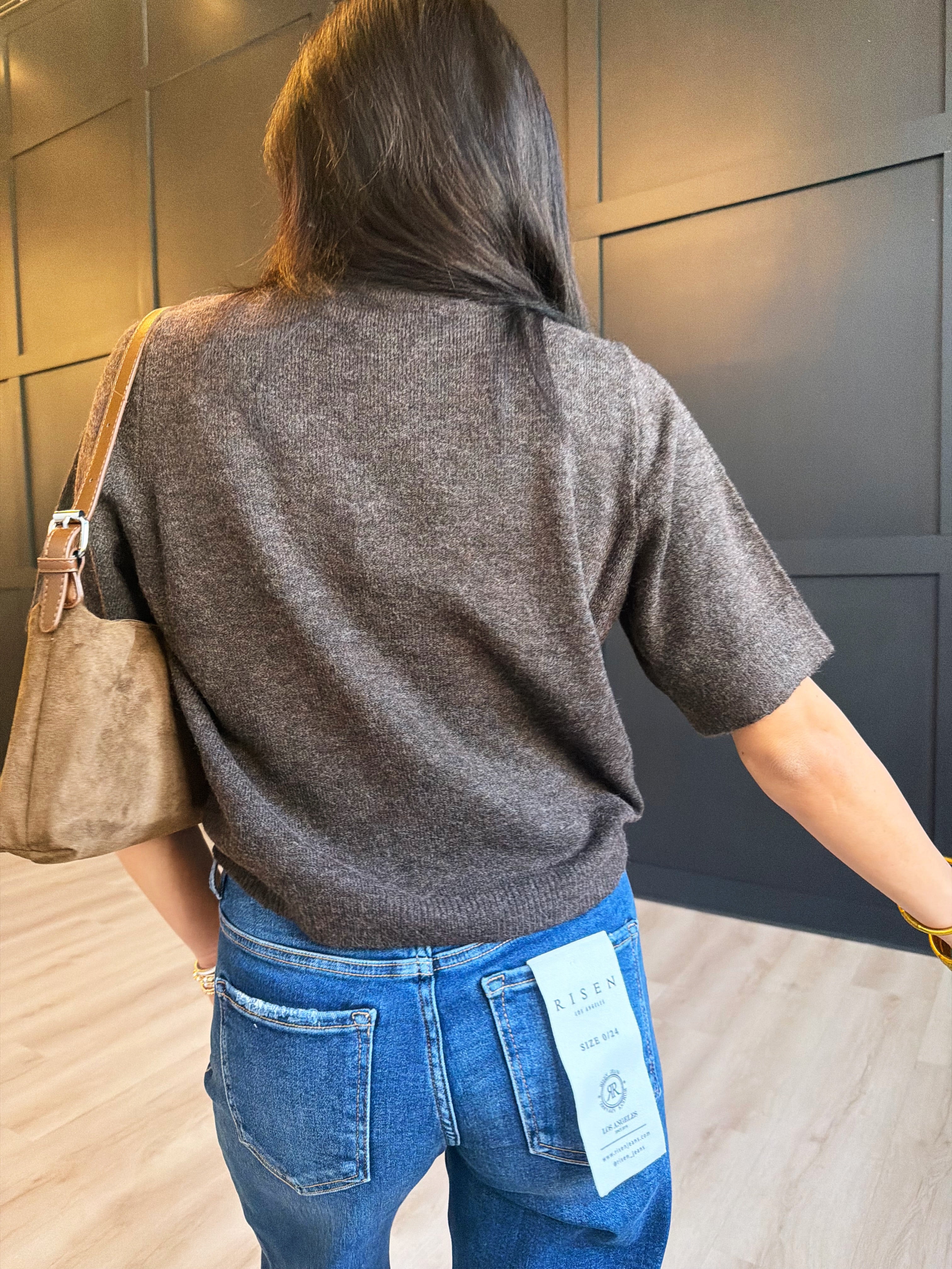 Crewneck Short Sleeve Rib Hem Pullover Sweater In Cocoa - Infinity Raine