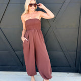 Yoru Chiffon Smocked Tube Balloon Jumpsuit In Brown