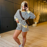 Striped Boxy Long Sleeve Contrast Knit Top In Charcoal Multi