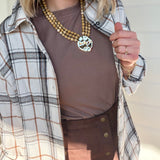 Soft Fabric Plaid Loose Fit Button Down Shirt In Bone