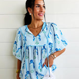 Striped Floral Bubble Sleeve Blouse In Skye Blue