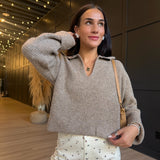 Carter Waffle Polo Sweater Knit Top In Taupe