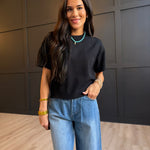 Lightweight Exposed Seam Short Sleeve Crop Sweater In Black - Infinity Raine