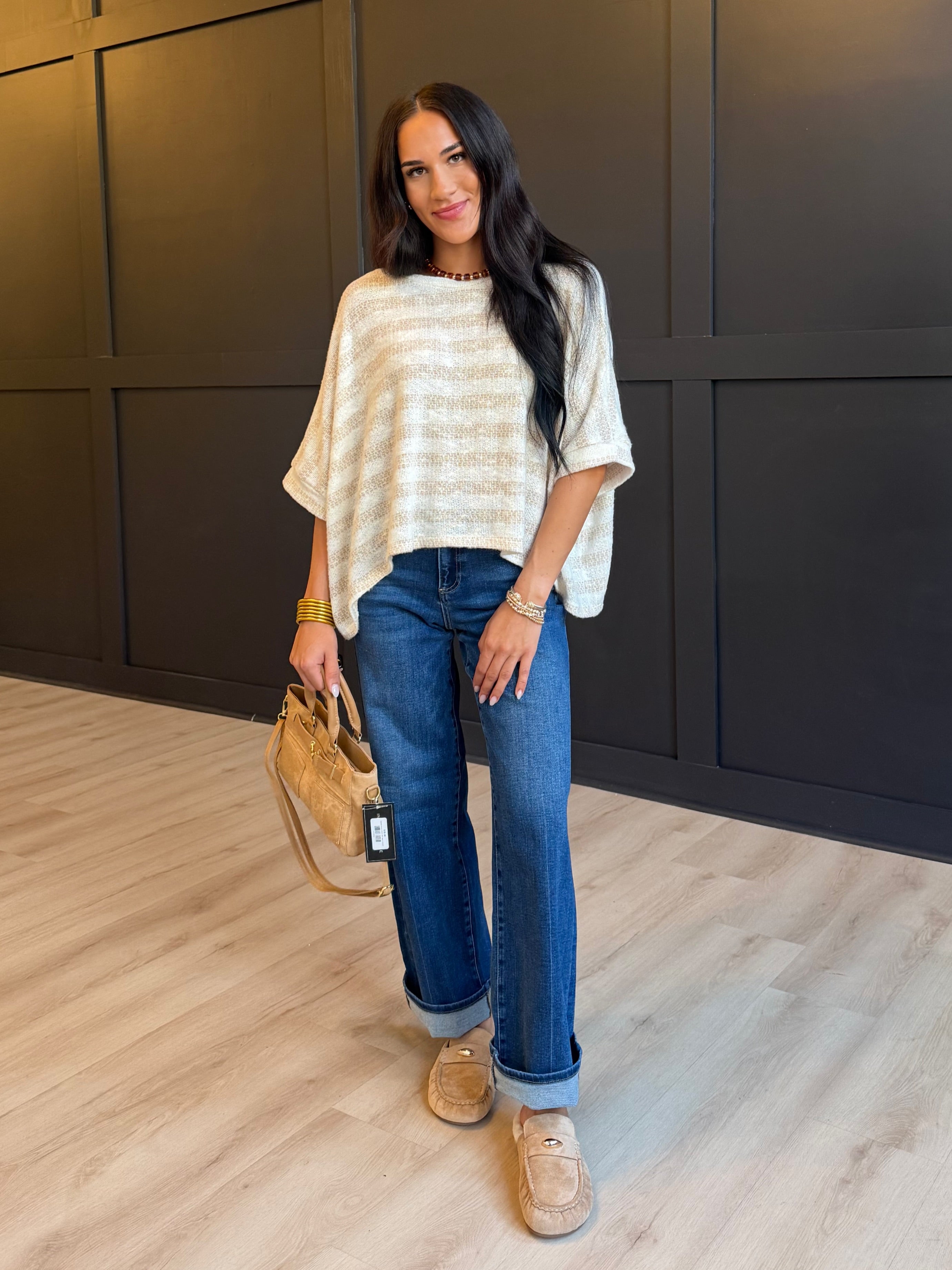 Billie Stripe Brushed Dolman Top In Cream Taupe - Infinity Raine