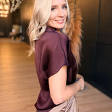 Drop Shoulder Blouse in Crinkle Satin In Dark Wine