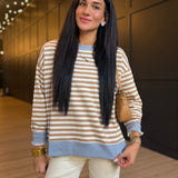 Striped Boxy Long Sleeve Contract Knit Top In Khaki Multi