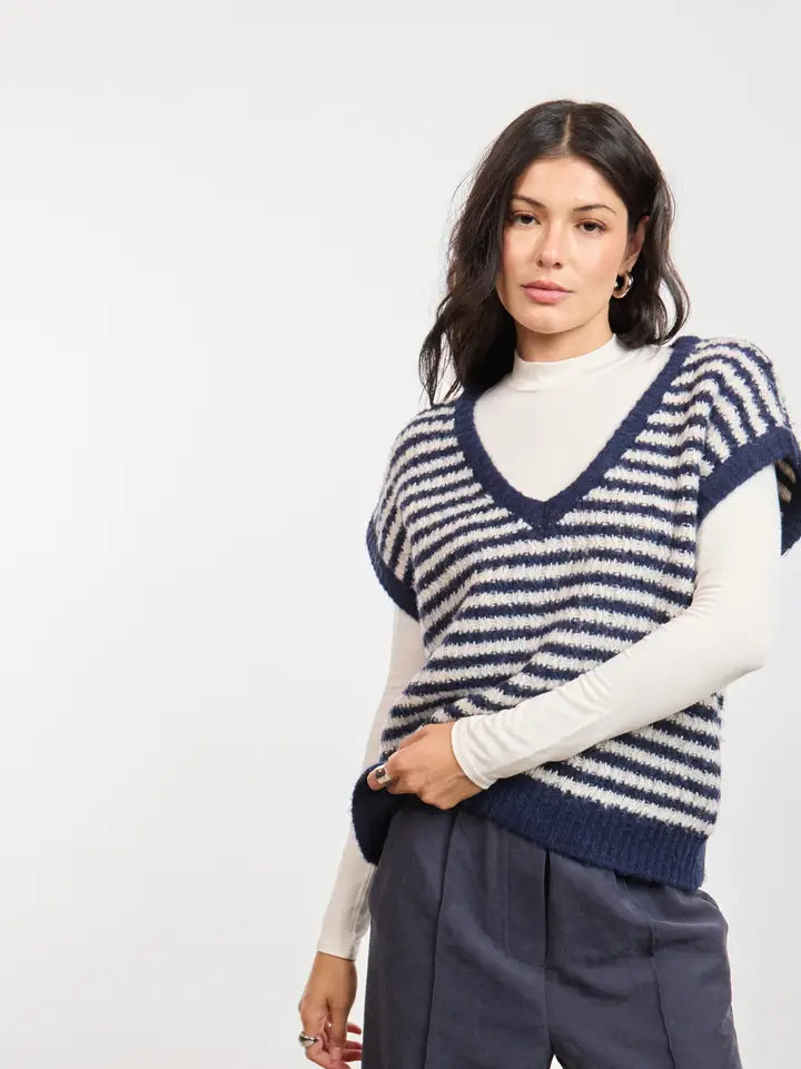 Chantal Stripe Sweater Vest In Navy Oatmeal - Infinity Raine