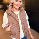 Wave Quilted Snap-Front Stand Collar Vest In Mocha