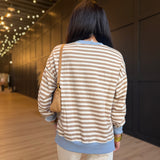 Striped Boxy Long Sleeve Contract Knit Top In Khaki Multi