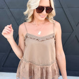 Garden Air Flare Tank With Embroidered Mesh Lace In Cappuccino