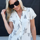 Floral Line Split Neck Button Down Top In Natural