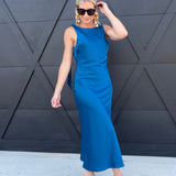 Solid Satin Cowl Back Sleeveless Bow Midi Dress In Cobalt