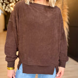Tiered Sleeve Boat Neck Exposed Seam Knit Top  In Dark Brown