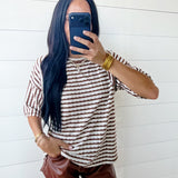 Stripe Textured Knit Split Hem Half Sleeve Top In Brown