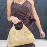 Straw Metal Handle Tote Handbag