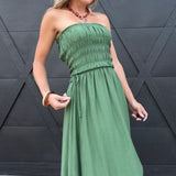 Strapless Shirred Side Tie Detail Midi Dress – Green
