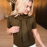 Remi Short-Sleeve Faux-Layered Knit Sweater In Olive