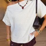 Off-Shoulder Asymmetric Short Sleeve Boxy Pullover In Cream