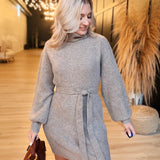 Audrina Turtleneck Sweater Dress with Tie Waist In Taupe