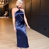 Knot Halter Neck Satin Midi Dress In Navy