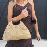 Straw Metal Handle Tote Handbag