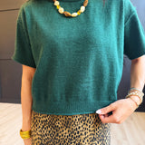 Lightweight Exposed Seam Short Sleeve Crop Sweater In Hunter Green - Infinity Raine