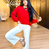 Contrast Edge Crew Neck Long Sleeve Pullover In Red