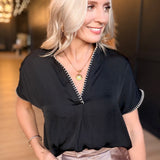Whipstitch Drop Blouse Shoulder Regular Blouse In Black