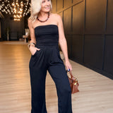 Tube Top W/shirring Palazzo Romper In Black