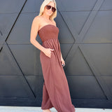 Yoru Chiffon Smocked Tube Balloon Jumpsuit In Brown
