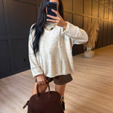 Heathered Checkered Texture Long Sleeve Sweater In Oatmeal