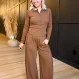Fitted Long Sleeve Ribbed Henley Knit Top In Brown