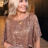 Sequin Draped Asymmetric Poncho Top In Dusty Gold