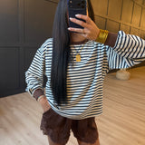 Stripe Crew Neck v Stitch Long Sleeve Knit Top In Navy