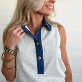 Denim Patchwork Polo Elastic Waist Romper In Light Grey