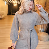 Audrina Turtleneck Sweater Dress with Tie Waist In Taupe