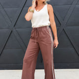 Side Lace Trim Cotton Denim Wide Leg Pull On Pants In Brown