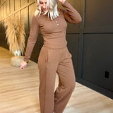 Fitted Long Sleeve Ribbed Henley Knit Top In Brown