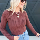 Round Neck Wavy Crop Sweater With Long Sleeve In Brown
