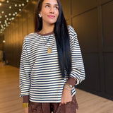 Stripe Crew Neck v Stitch Long Sleeve Knit Top In Navy